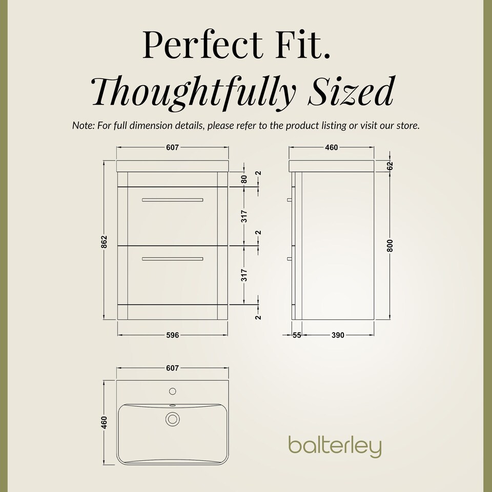 image 1 of Balterley Floor Standing 2 Drawer Vanity Unit with Ceramic Basin | Grey | Cool Grey | 862 x 607 x 460mm