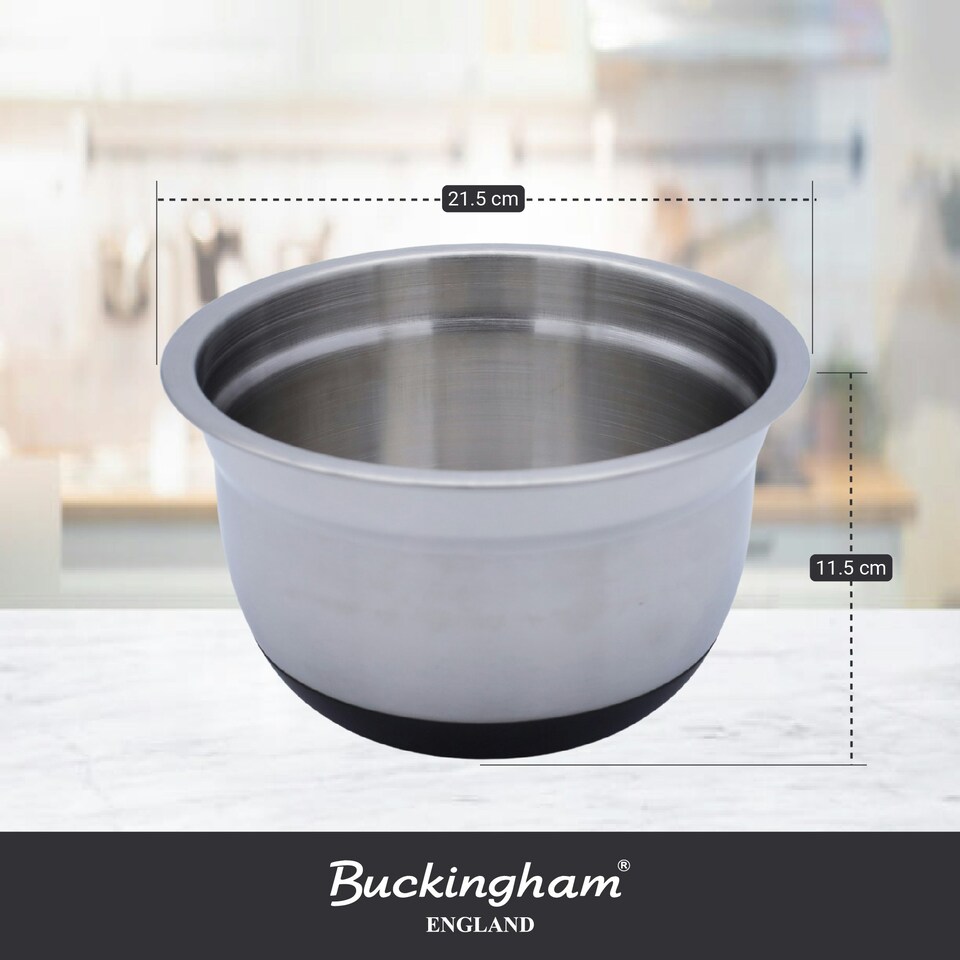 image 1 of Buckingham Stainless Steel Deep Salad / Mixing bowl with black silicone base 2.7 Litre/ 21.5 cm