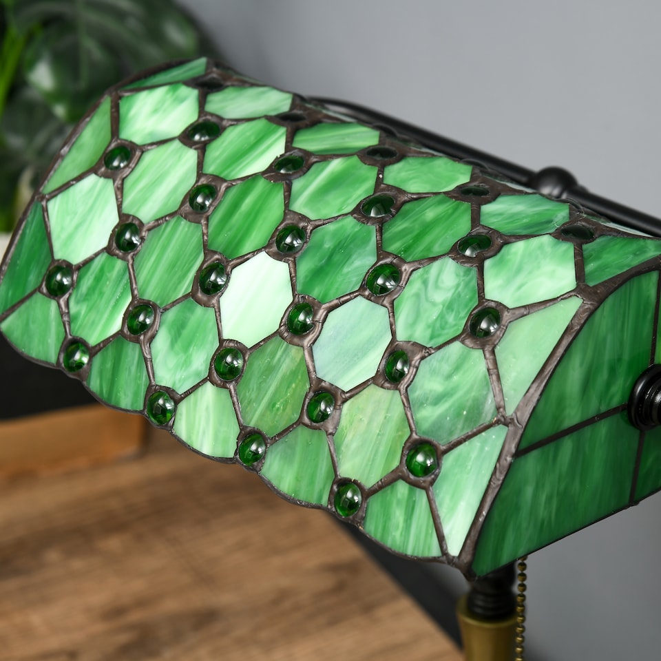 image 1 of HOMCOM Stained Glass Table Lamp, Vintage Lamp with Green Handmade Shade, Metal Base, Antique Bedside Lamp for Bedroom Living Room Home Decoration