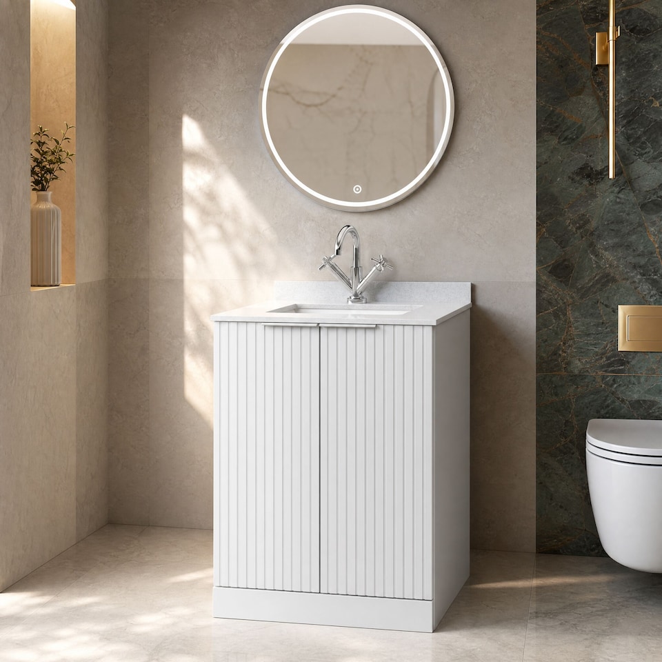 image 1 of Balterley Callingwood Contemporary Floor Standing 2 Door Vanity Unit with Marble Worktop with Basin , 600mm, Matt White