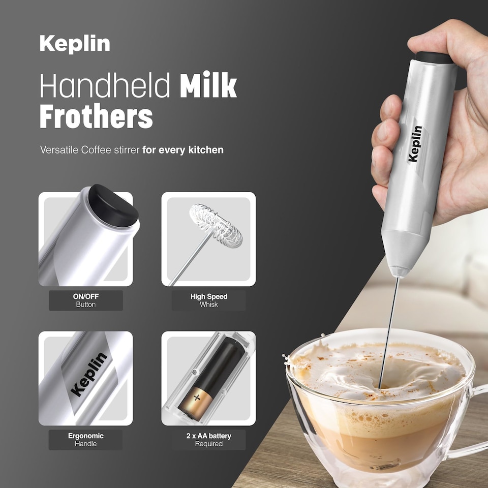 image 1 of Keplin Handheld Milk Frother with Stand Stainless Steel Electric Whisk