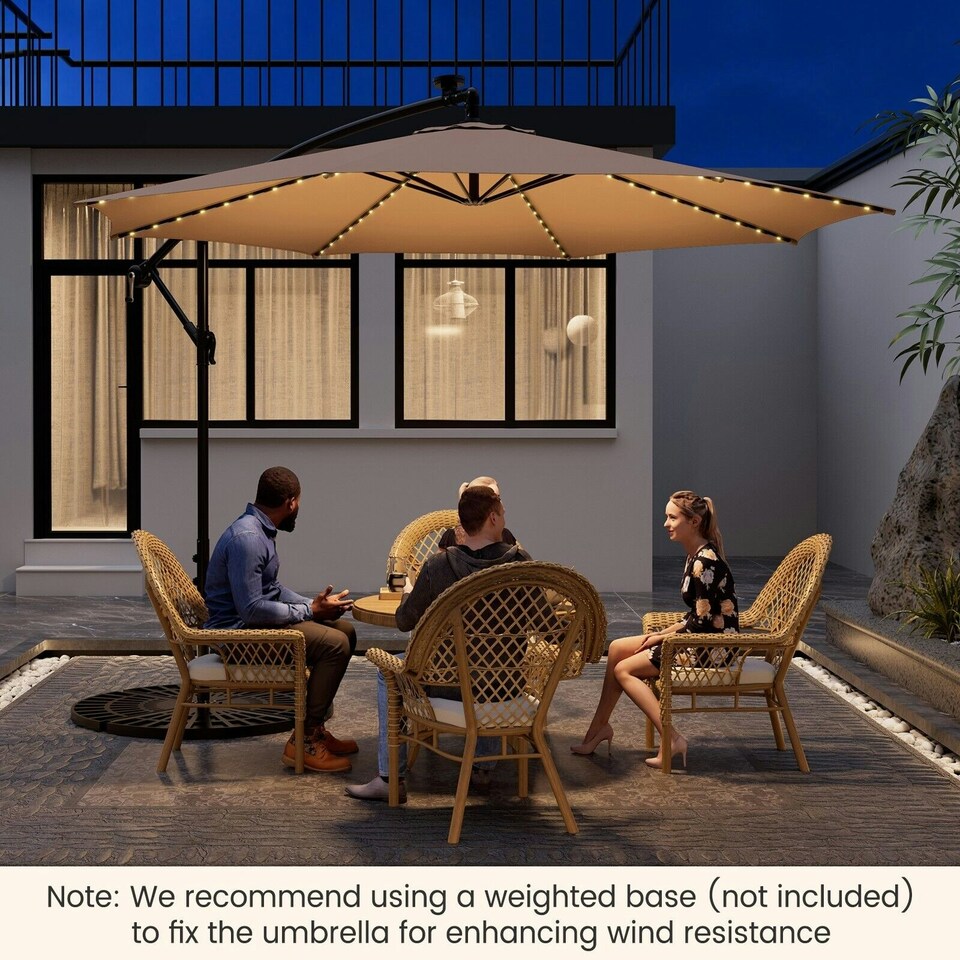 image 1 of COSTWAY 303 cm Patio Parasol Solar LED Cantilever Offset Umbrella Cream