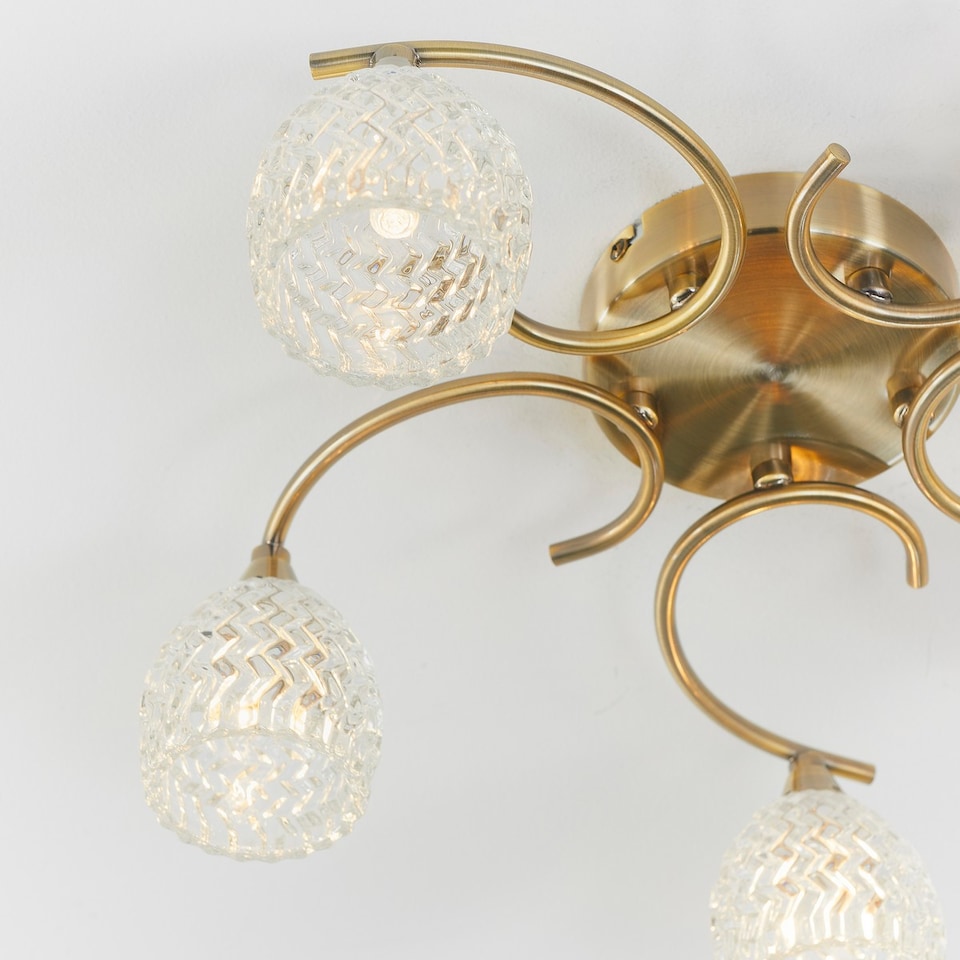image 1 of Boyer 5 Light Semi Flush Multi Arm Ceiling Light Antique Brass, Glass, G9