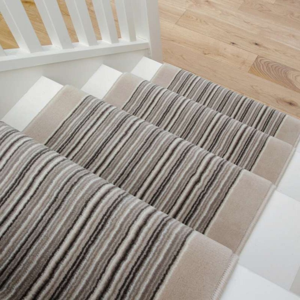 image 1 of KUKOON Beige Striped Cut to Measure Stair Carpet Runner Rug 70cm Wide 70cm x 150cm