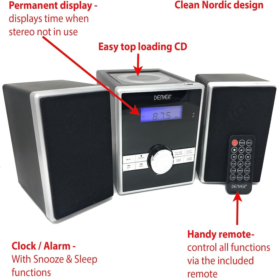 image 1 of Mini HiFi System CD Player For Home With Speakers - CD Micro System Mains Operated with FM Radio, Clock Radio Alarm, Snooze & Sleep, AUX IN, Remote Control