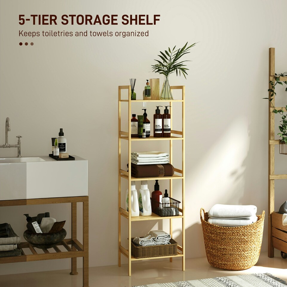 image 1 of HOMCOM 5-Tier Bamboo Bathroom Storage Shelf with Adjustable Rack, Natural