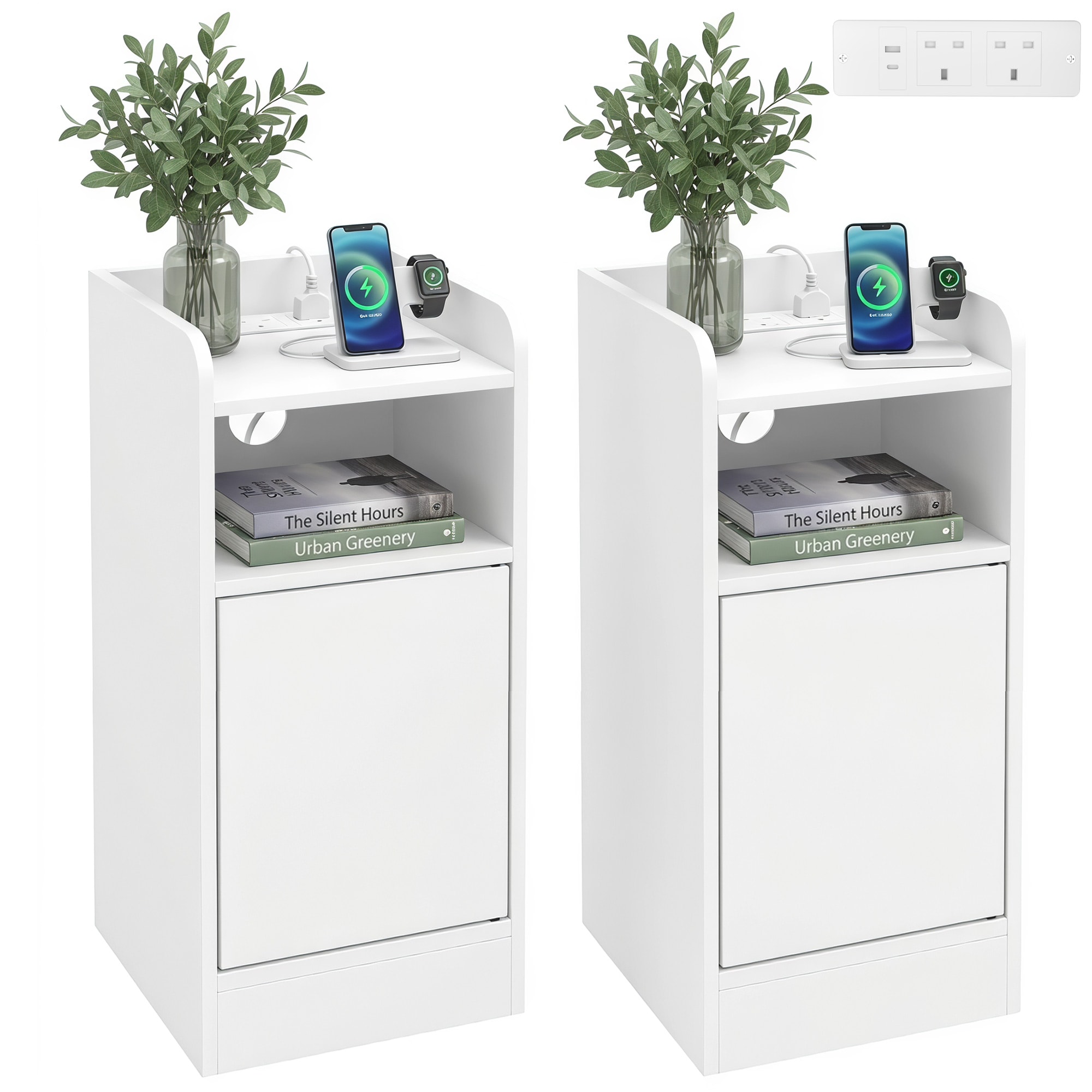 HOMCOM Slim Bedside Table Set of 2 with Charging Station