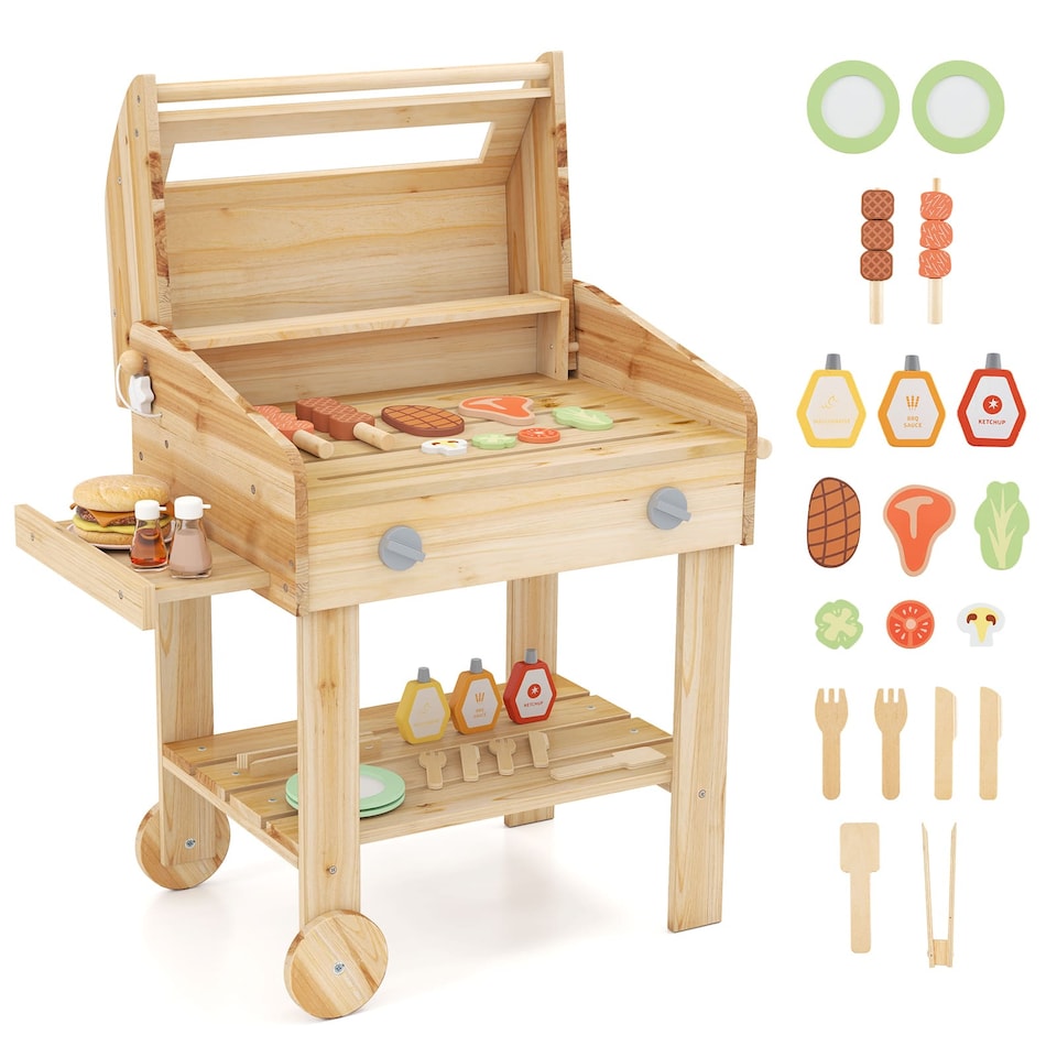 image 1 of COSTWAY Wooden Barbecue Grill Toy Set Kids BBQ Grill Playset With Play Food Natural