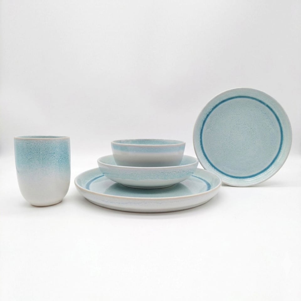 image 1 of Reactive Blue Glaze Dinner Set Plates Bowls Cups 24pc Set