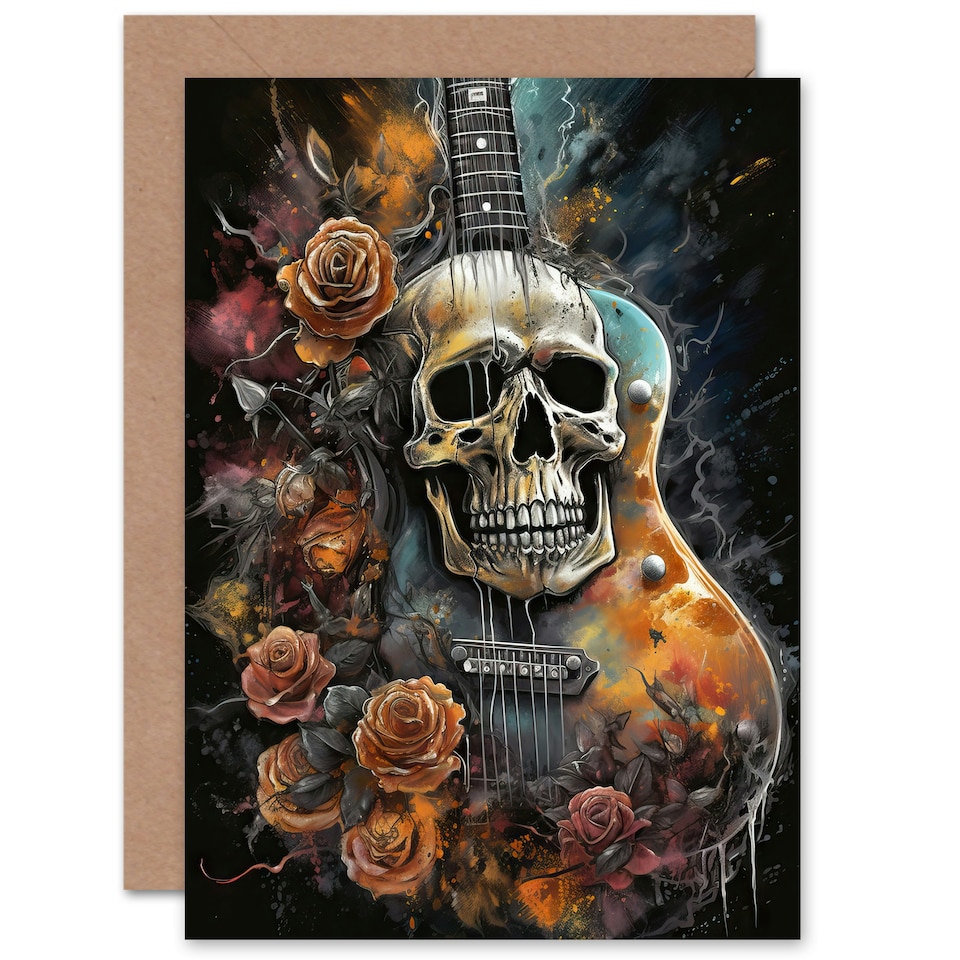 image 1 of Guitar With Roses and Skull Thrash Metal Music Gothic Greeting Card