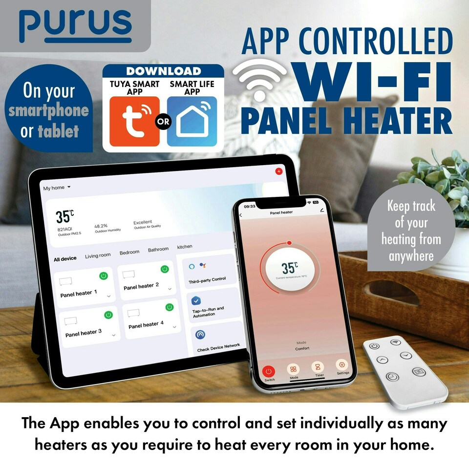 image 1 of Purus 600W Smart Wifi Eco Heater Electric Panel Radiator Wall Mounted White