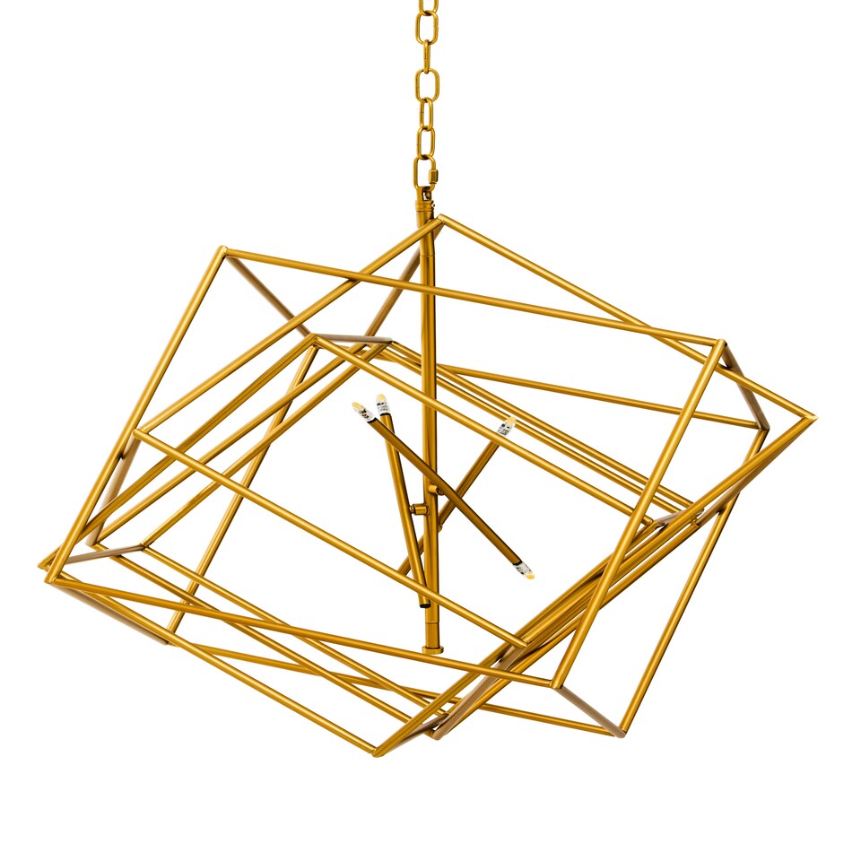 image 1 of Interiors by Premier Brass Finish Six Bulb Pendant Light, Overlapping Cube Metal Frame, Contemporary Luxe Lighting Fixture