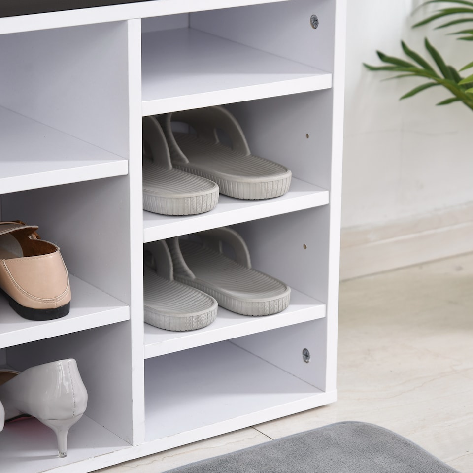 image 1 of HOMCOM Multi-Storage Shoe Rack w  14 Compartments Cushion Moving Shelves Solid Frame Foot Pads Home Office Tidy Organisation Boots Trainers White | White | White