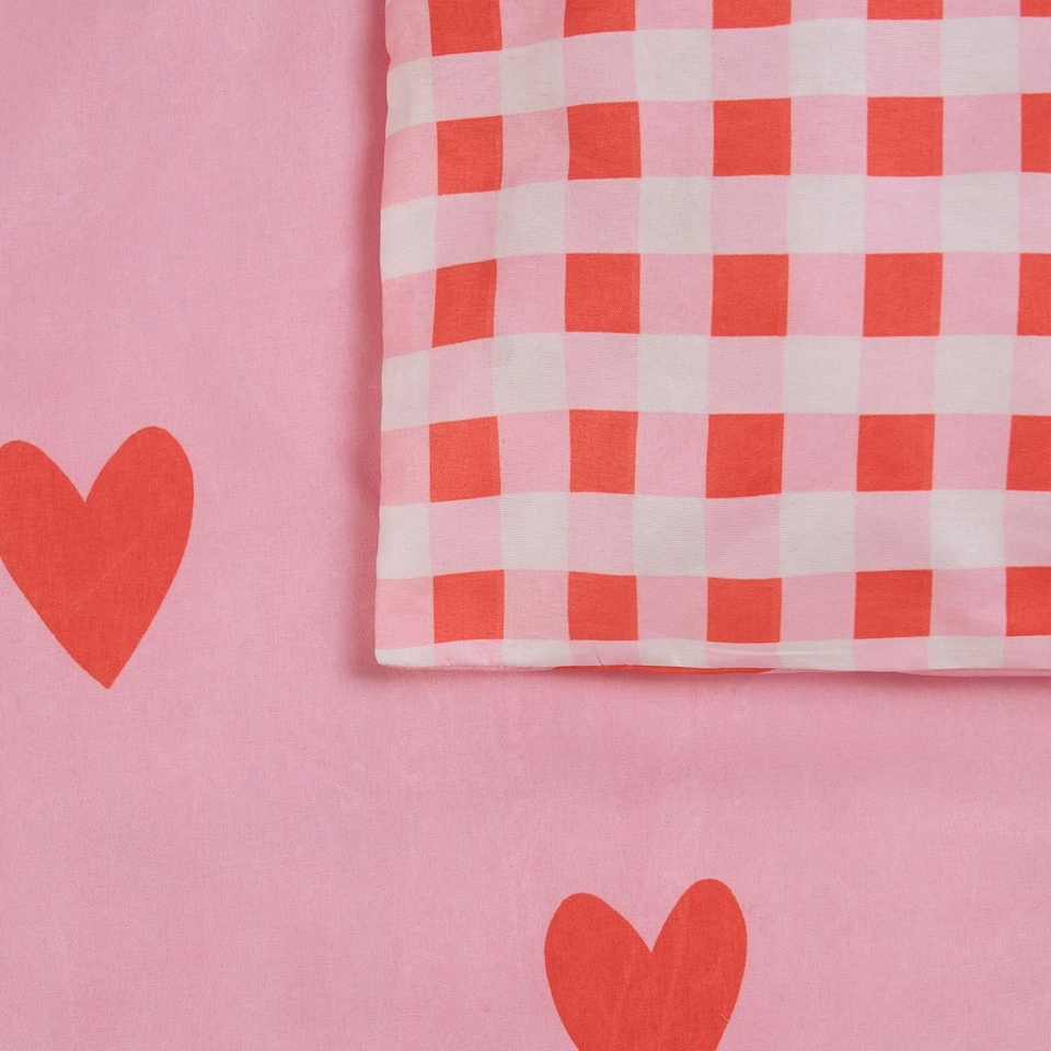 image 1 of OHS Gingham Hearts Reversible Print Duvet Cover and Pillowcase Set, Single - Coral/Pink