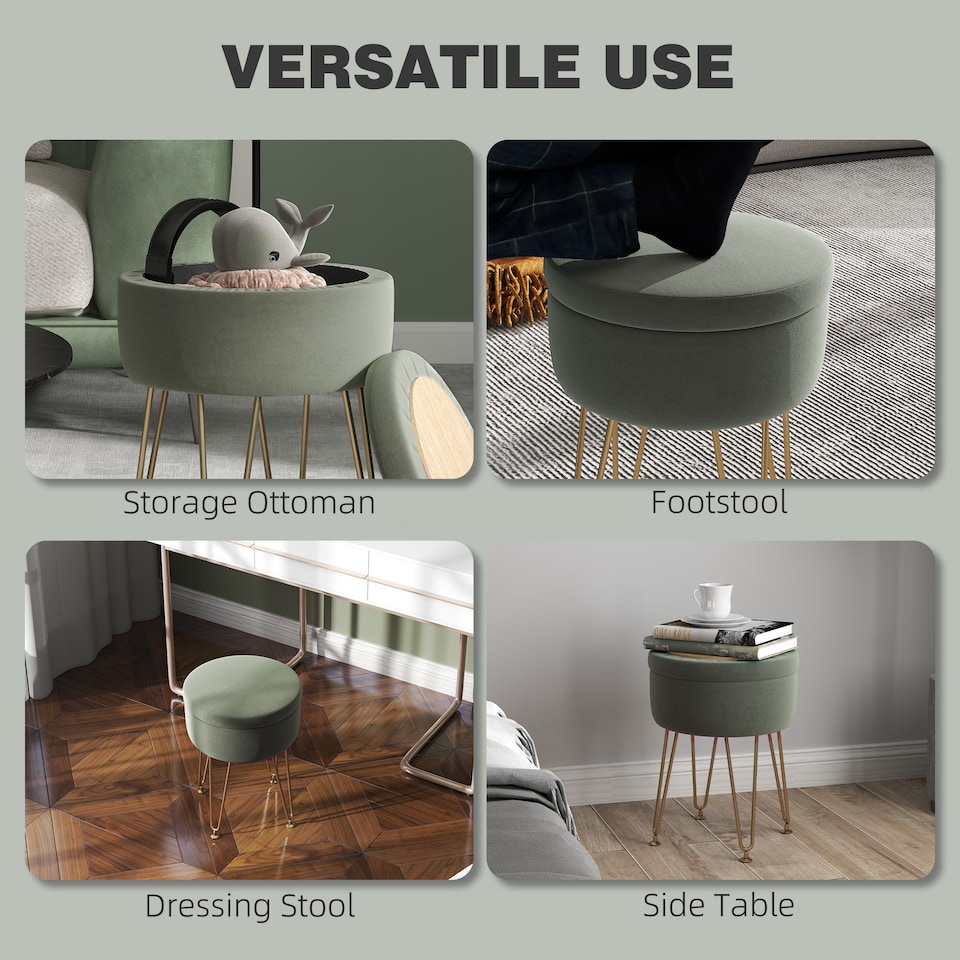 image 1 of HOMCOM 5L Velvet Storage Ottoman, Modern Round Footstool with Metal Hairpin Legs and Removable Lid, Dressing Table Stool Side Table for Hallway, Bedroom, Living Room, 33 x 33 x 43 cm, Green