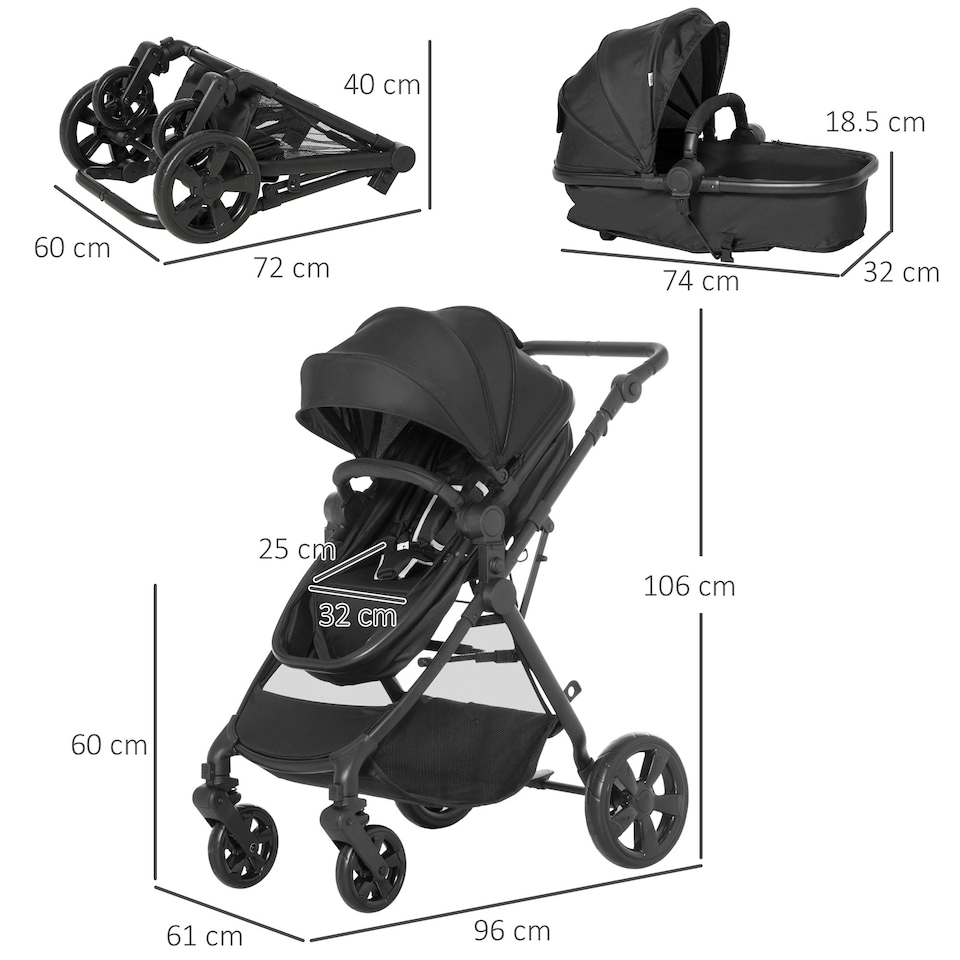 image 1 of HOMCOM 2 in 1 Pushchair Stroller w/ Reversible Seat Single Hand Foldable Black