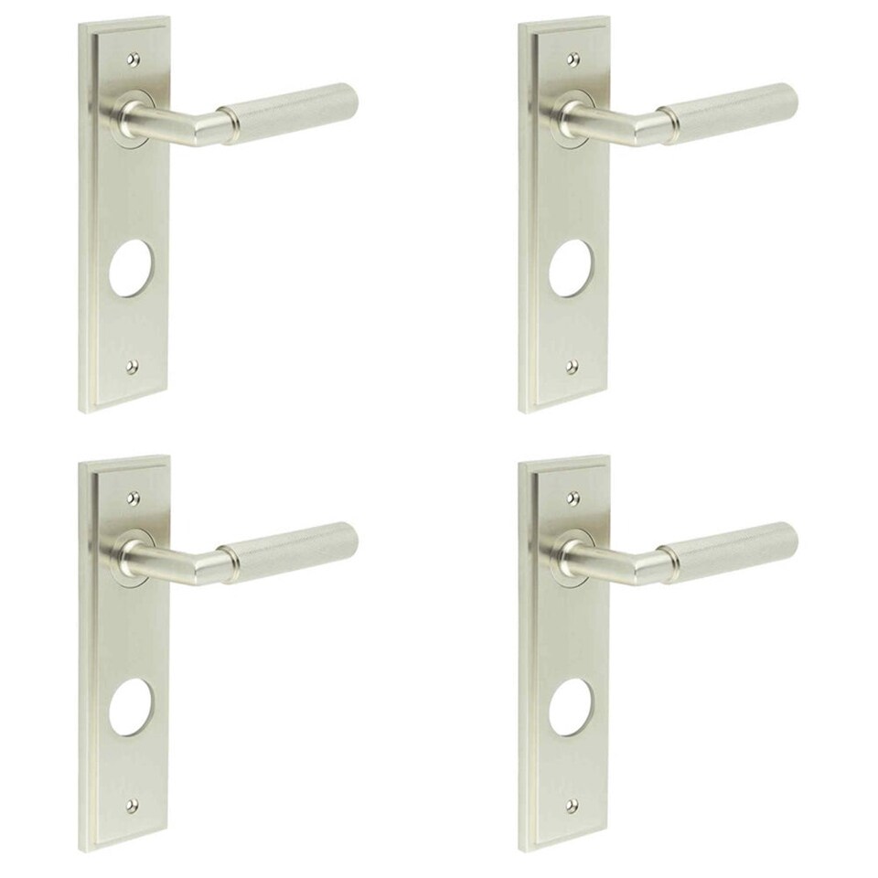 image 1 of 4 PACK Satin Nickel Door Handle with Backplate for Bathrooms - Solid Brass Interior Handle
