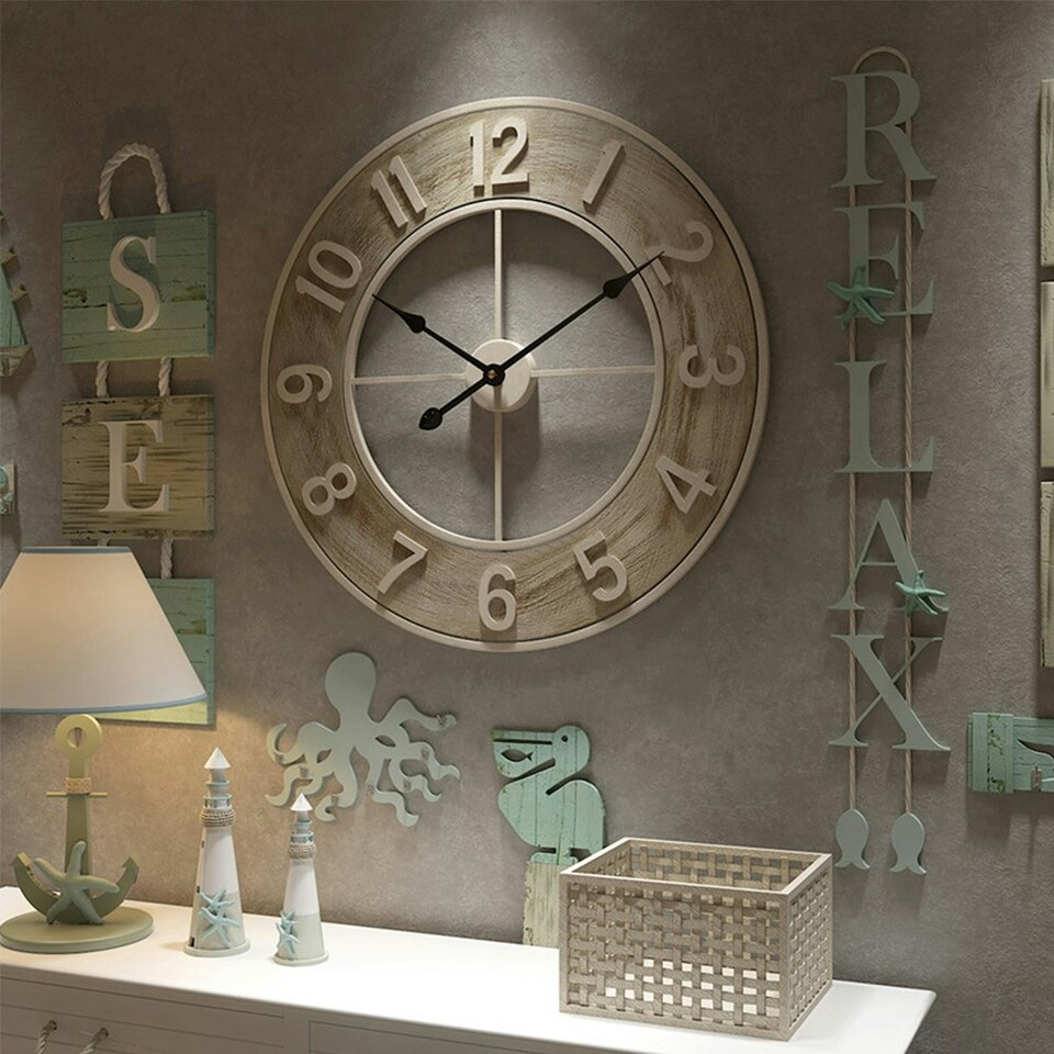 image 1 of Living and Home Round Wood Grain Metal Wall Clock