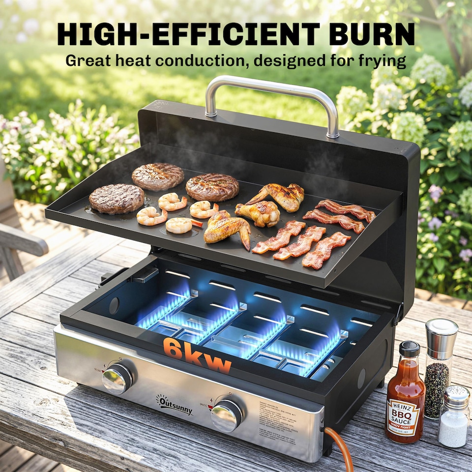 image 1 of Outsunny 2 Burner Grill Griddle, Tabletop Gas BBQ with Grease Cup, Black | Black | Black | 70.5 x 54 x 27 cm