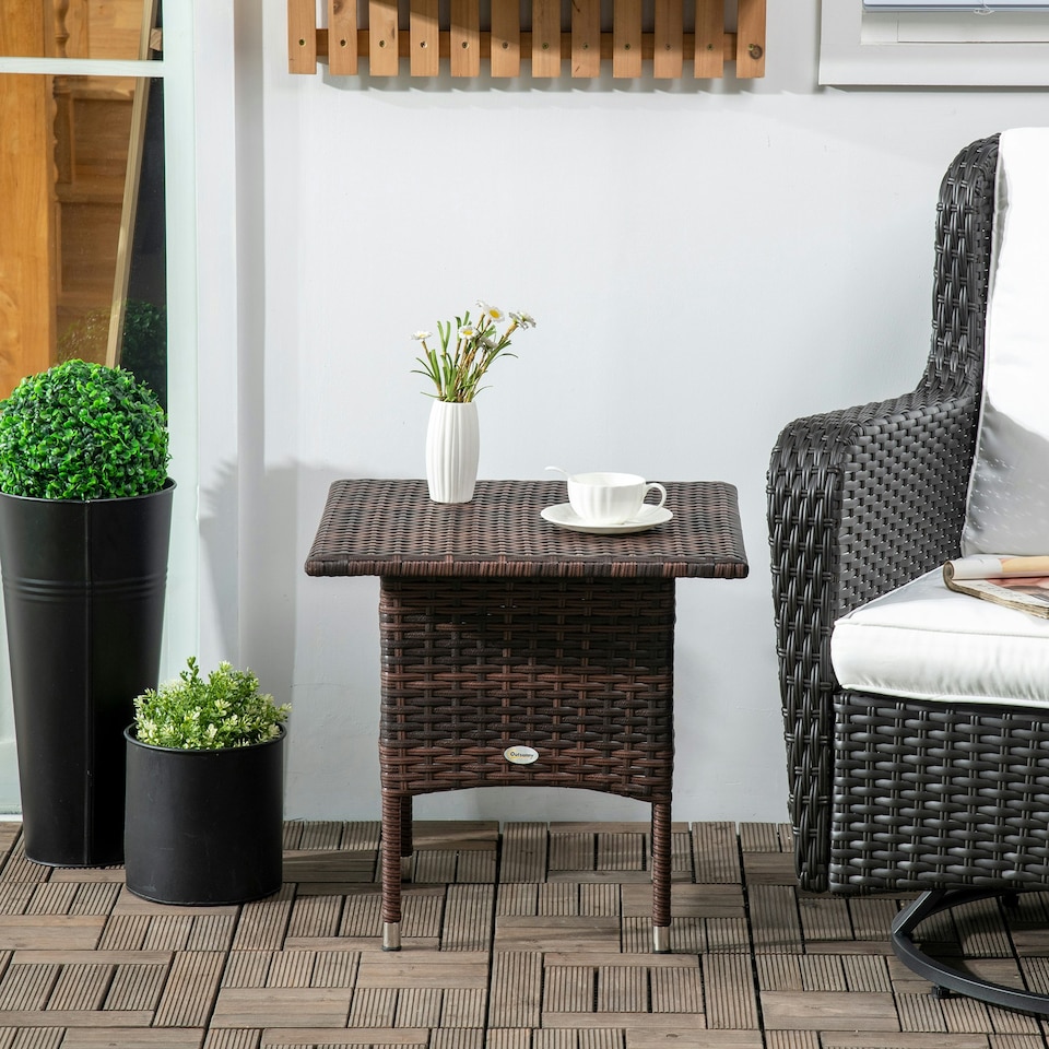image 1 of Outsunny PE Rattan Outdoor Coffee Table, Easy Match Rattan Side Table, Brown