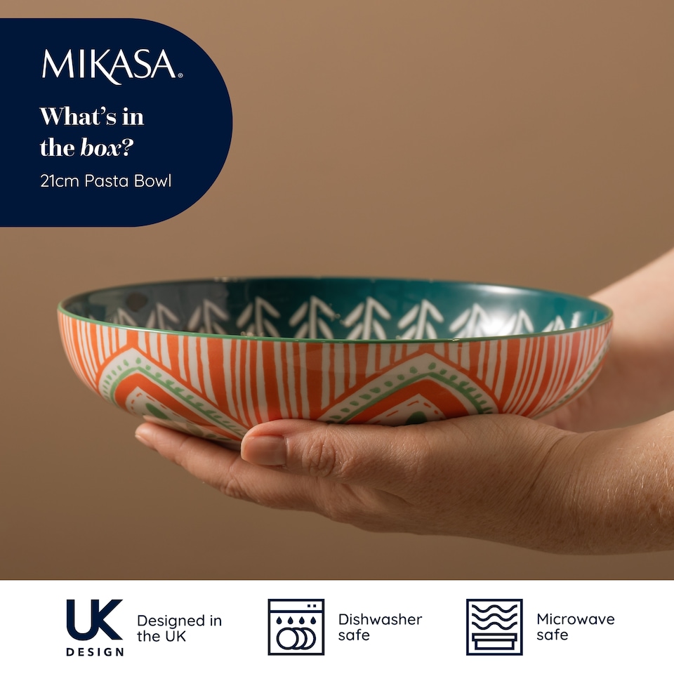 image 1 of Mikasa Set of 4 Folk Pattern 2 Toned Stoneware Pasta Bowls