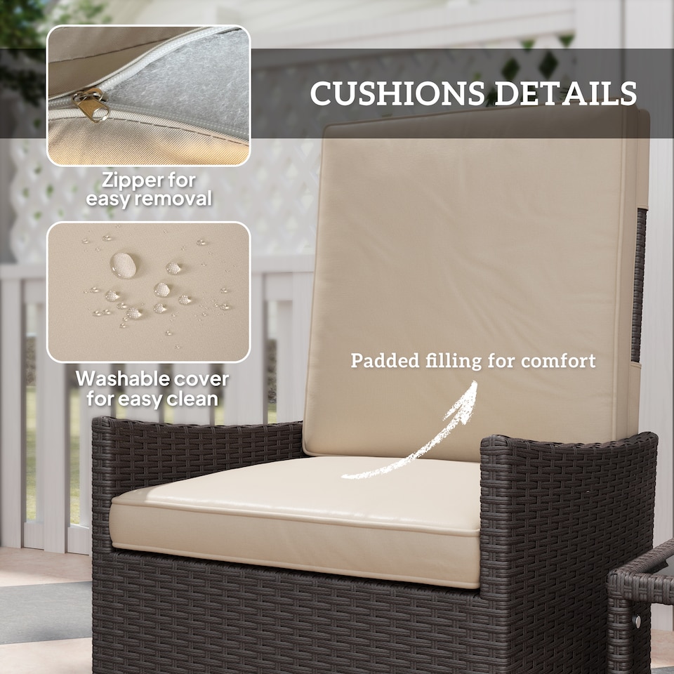 image 1 of Outsunny 5 Piece Rattan Garden Furniture Set, Wicker Patio Sofa Set with 2 Armchairs, 2 Footstools, Glass Top Coffee Table with Shelf, Outdoor Furniture with Adjustable Backrests, Cushions, Khaki | Brown | Khaki | One Size
