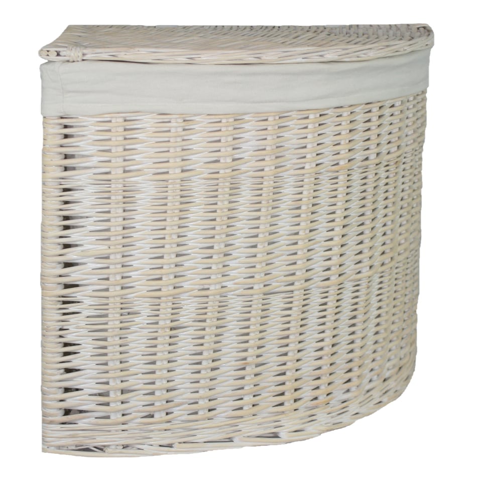 image 1 of Small Corner White Wash Laundry Basket with a White Lining | White | White