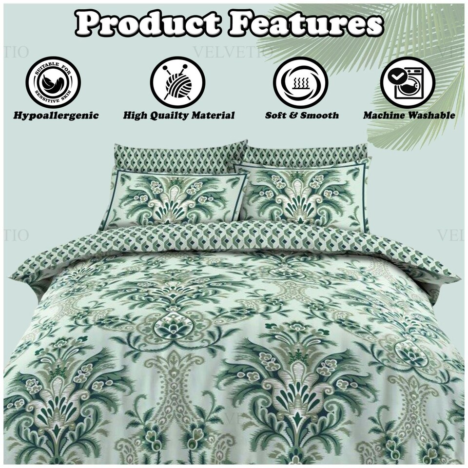 image 1 of VELVETIO Marilyn Complete Duvet Cover Set with Fitted Sheet Soft Printed Bedding Bedset Green | Double