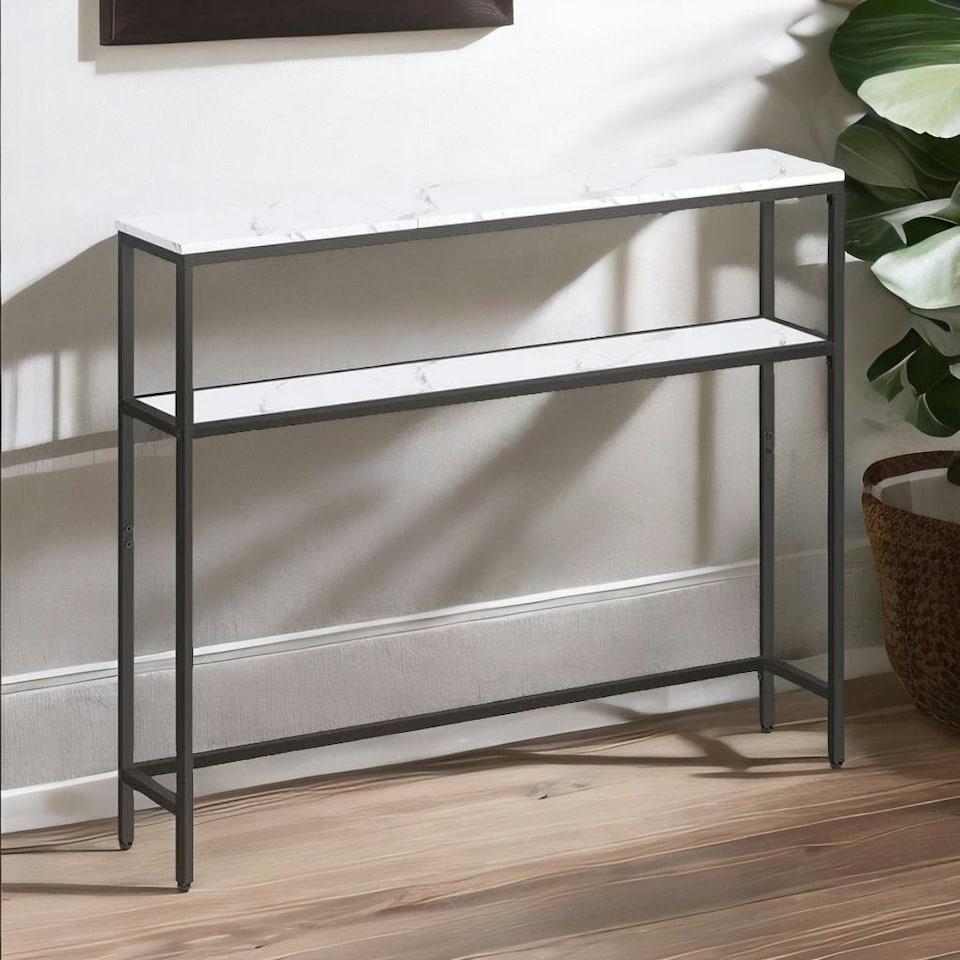 image 1 of Industrial Slim Console Table With 2 Shelves Marble Effect White White