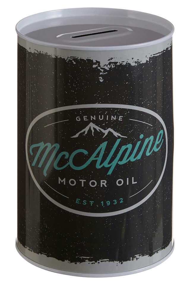 image 1 of Interiors By Premier Large Money Tin|Metal Saving Tin,Classic Tin,McAlpine Motor Oil Metal Money Box,Cylindrical Coin Storage | Black