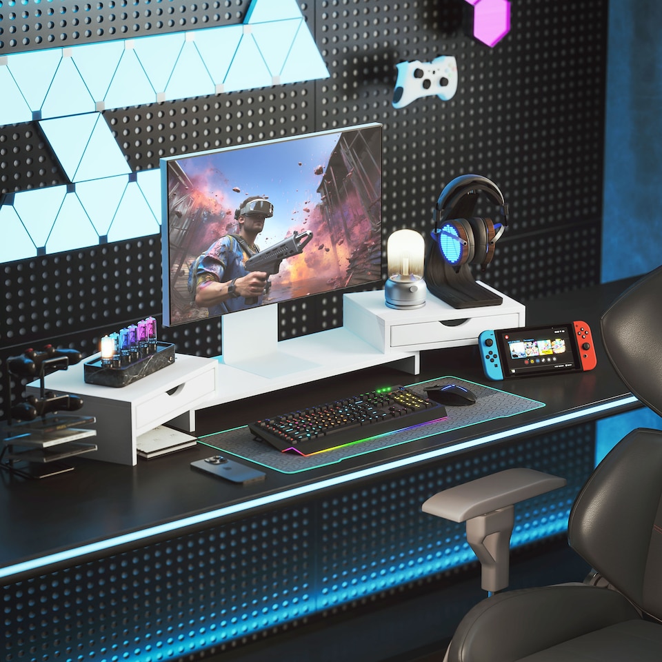 image 1 of HOMCOM Dual Monitor Stand Riser with 2 Drawers, Adjustable Length and Angle, 116cm Monitor Riser for Laptop, Computer, PC, Small Printer, White