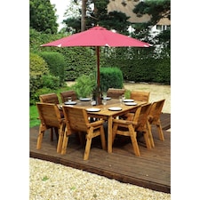 Traditional Eight Seater Table Set with 8 x Burgundy Chair Cushions, 1 x Burgundy Parasol & Base & 1 x Cushion Storage Bag
