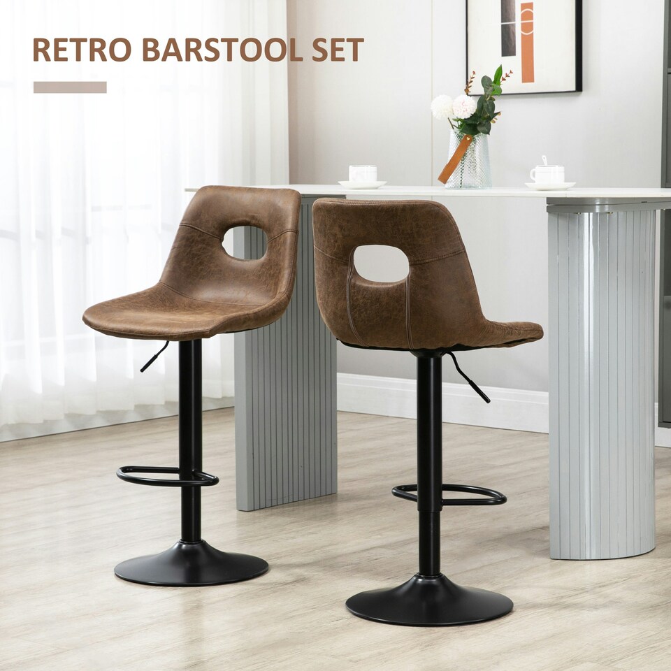 image 1 of HOMCOM Retro Bar Stools Set of 2 Adjustable Height Swivel Leather-Like Brown
