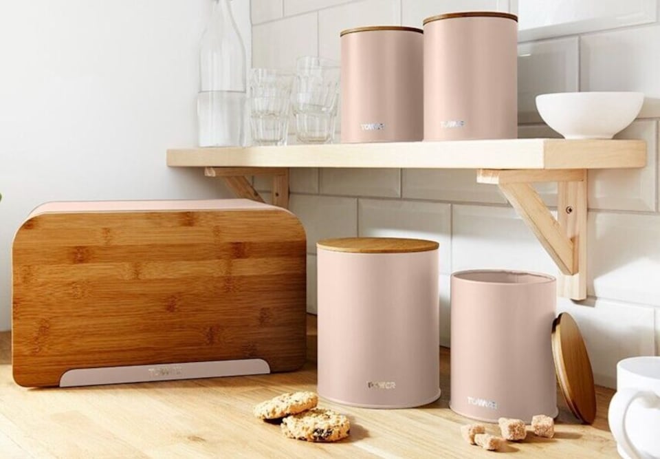 image 1 of Tower Scandi Pink Clay Storage Set Bread Bin 3 Canisters & Biscuit Barrel