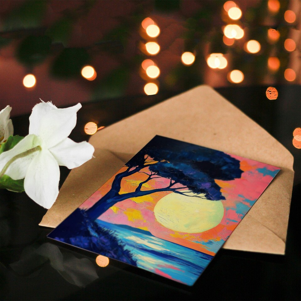 image 1 of Tree Silhouette By Sea Large Sunset Sun Seascape Birthday Greeting Card