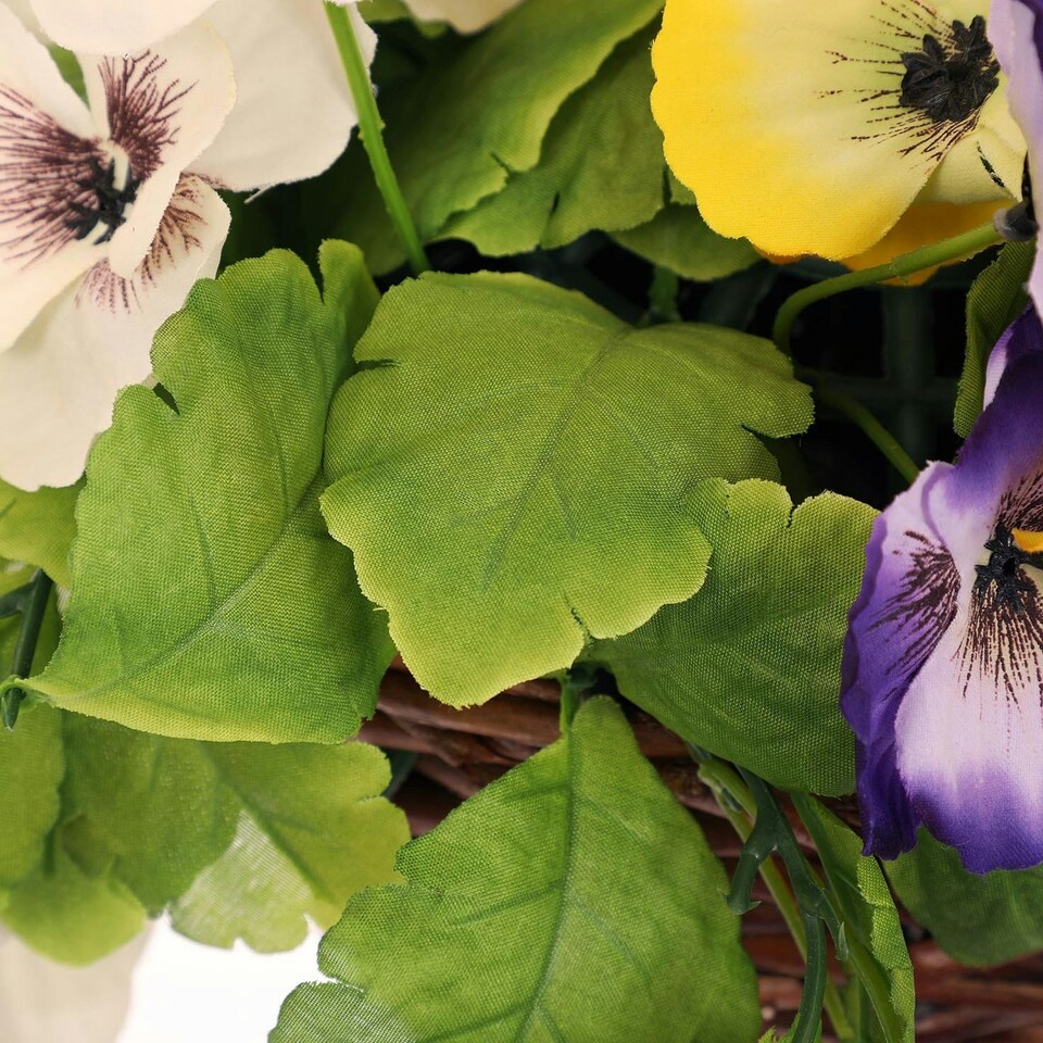 image 1 of Oypla Artificial Garden Hanging Wicker Basket with Multicoloured Pansy Flowers
