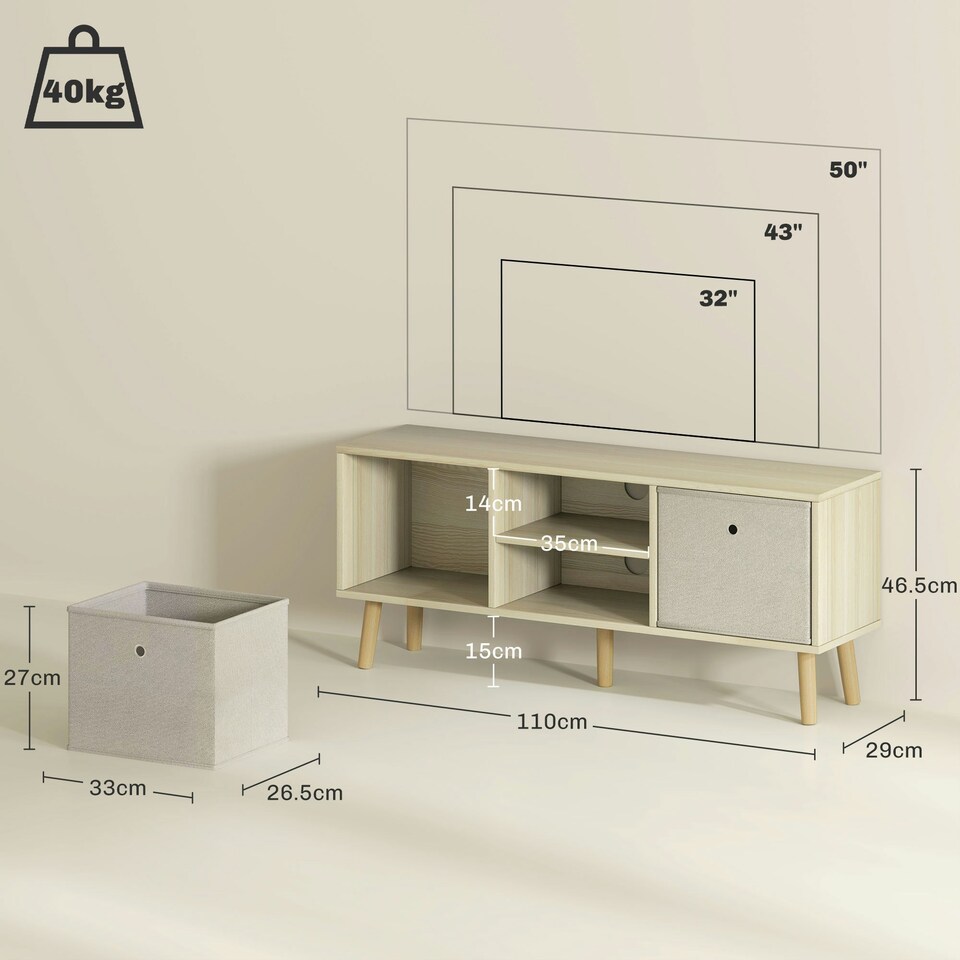 image 1 of HOMCOM Modern TV Cabinet Stand w/ Shelves & Drawers, Bedroom Natural