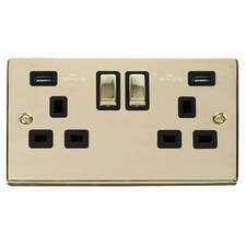 SE HOME Polished Brass 2 Gang 13A DP Ingot 2 USB Twin Double Switched Plug Socket | Gold | Polished Brass