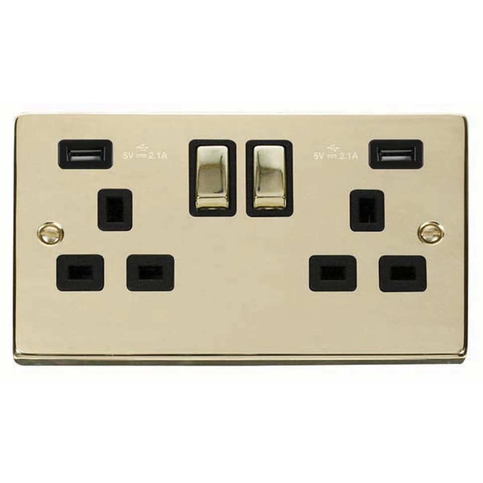 SE HOME Polished Brass 2 Gang 13A DP Ingot 2 USB Twin Double Switched Plug Socket | Gold | Polished Brass