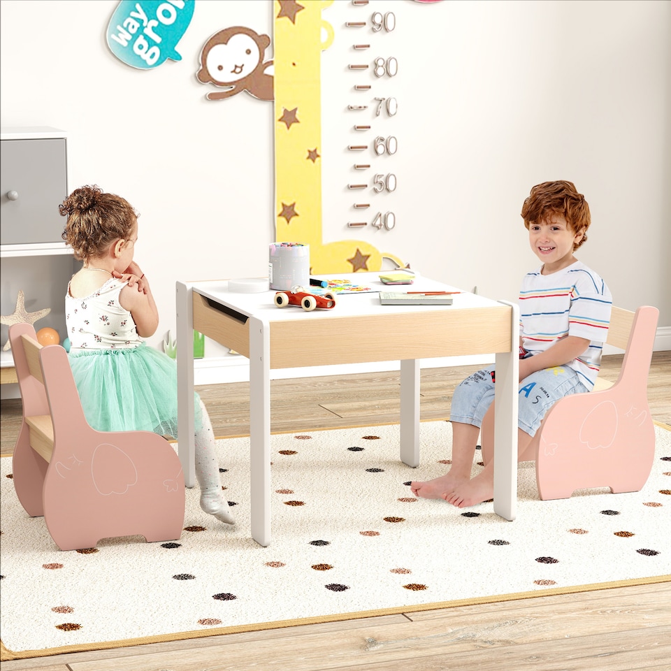 image 1 of COSTWAY Wooden Kids Table and Chair Set with Storage Pink