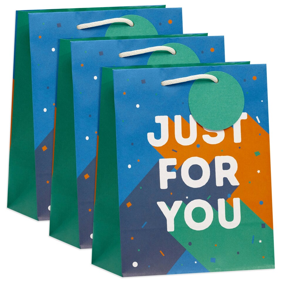 image 1 of Multipack of 3 Medium Gift Bags | Party Bags for Presents | Birthdays/Thank You | For Him/Friend | Just For You Blue Design Blue