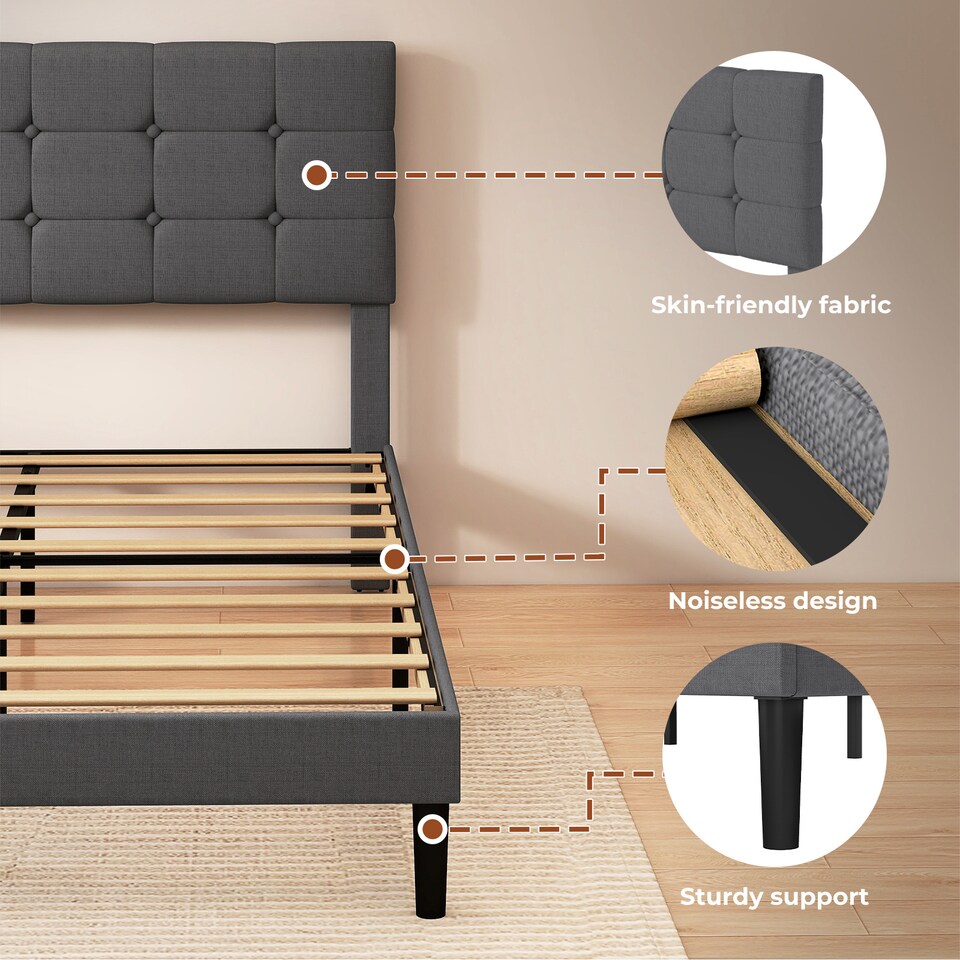 image 1 of Levede Bed Frame Upholstered Linen Headboard Tufted Wooden Slat King Size Grey | Grey | King | King