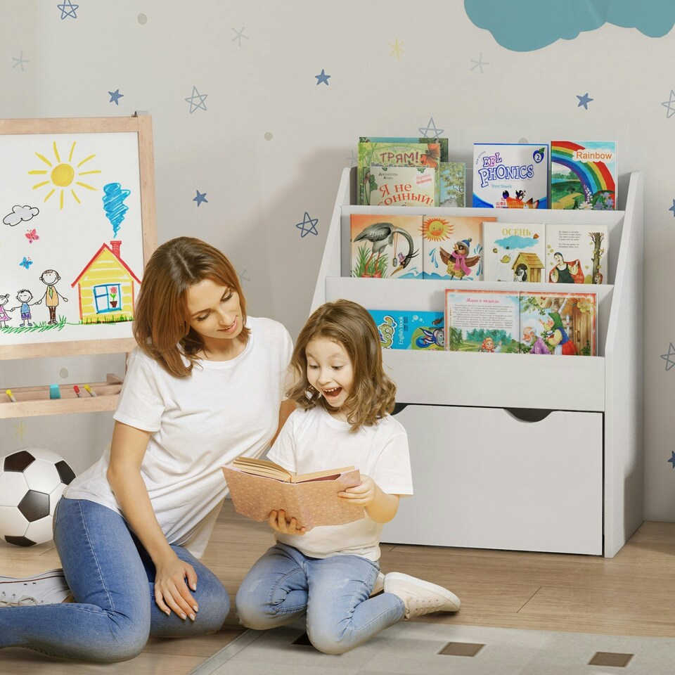 image 1 of AIYAPLAY Kids Bookcase w/ 3 Tier Shelves, Drawer, for Bedroom, Nursery, White White