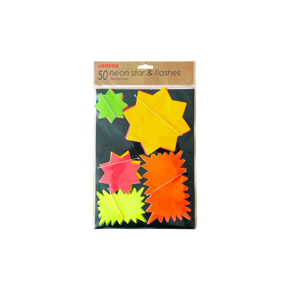 image 1 of Pack of 50 Assorted Coloured Neon Fluorescent Stars & Flashes in Assorted Size