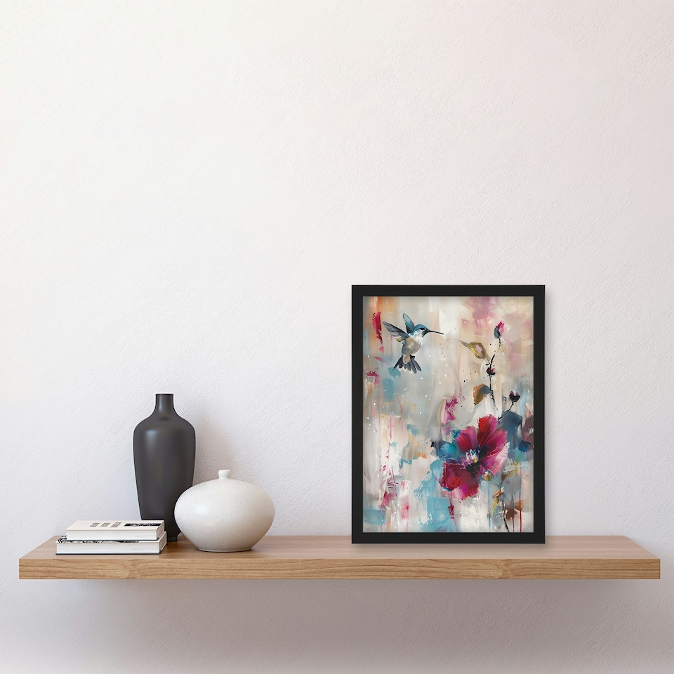 image 1 of Hummingbird Zinnia Flower Blooms Oil Living Room Black Framed Wall Art Print A4