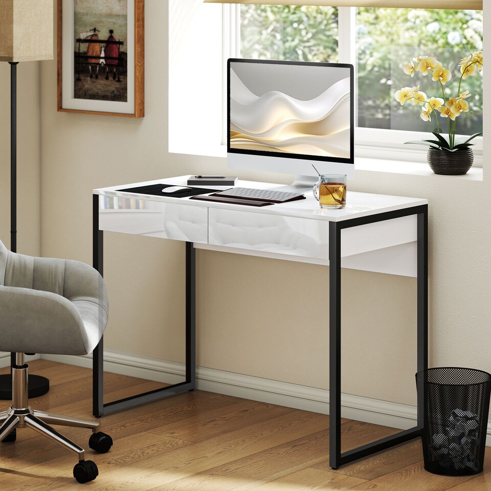 image 1 of HOMCOM High Gloss Computer Desk with 2 Drawers, 100 x 50 cm Home Office Desk for Small Spaces, Modern Study Writing Table with Steel Legs, White and Black