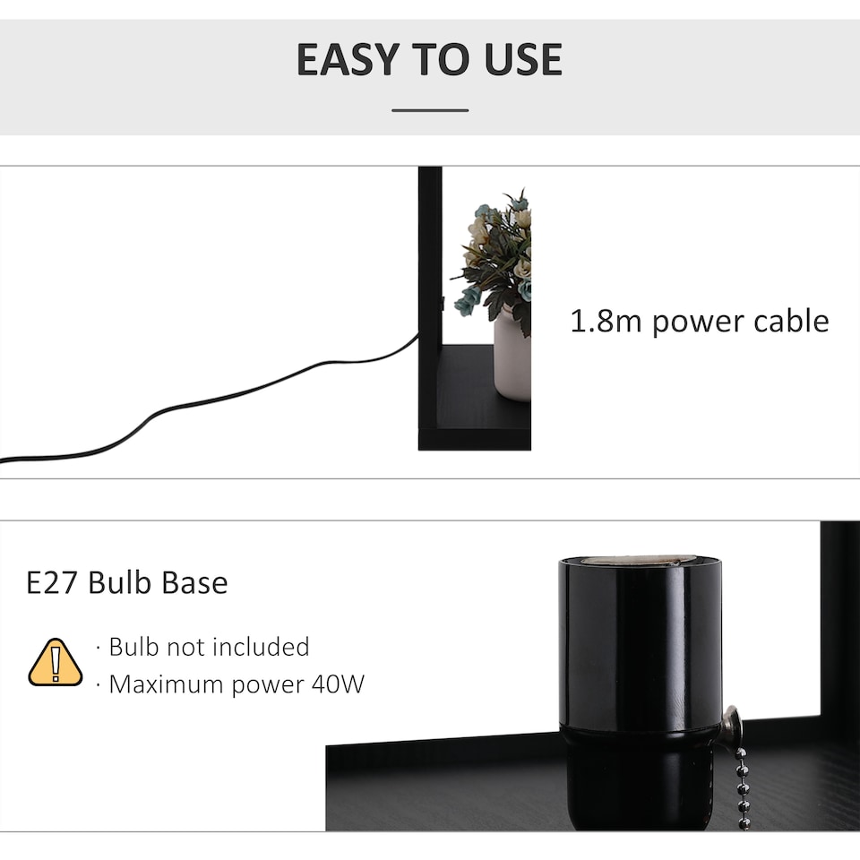 image 1 of HOMCOM Floor Lamp with Shelves, Modern Tall Standing Lamps with Fabric Lampshade, Chain Switch and Single Light for Living Room, Bedroom, Bulb not Included, Black