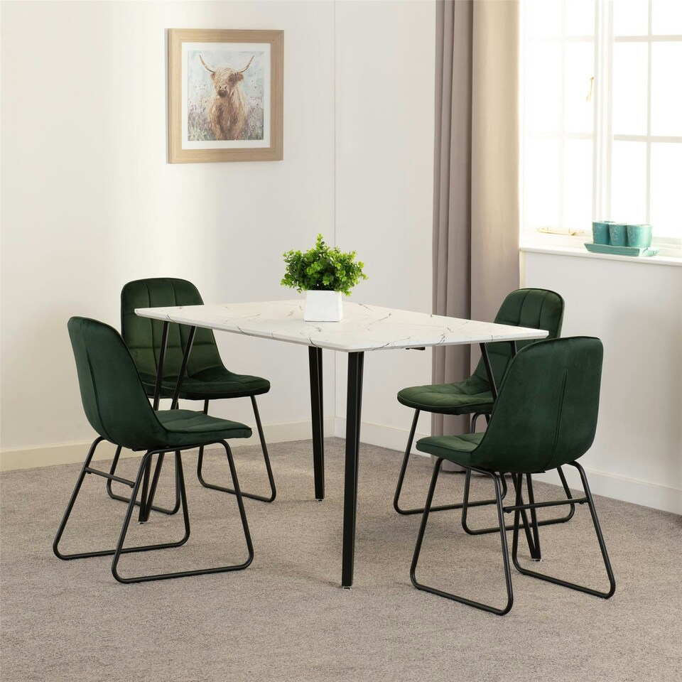 image 1 of Marlow Dining Set with Lukas Chairs White | White Marble/Emerald Green