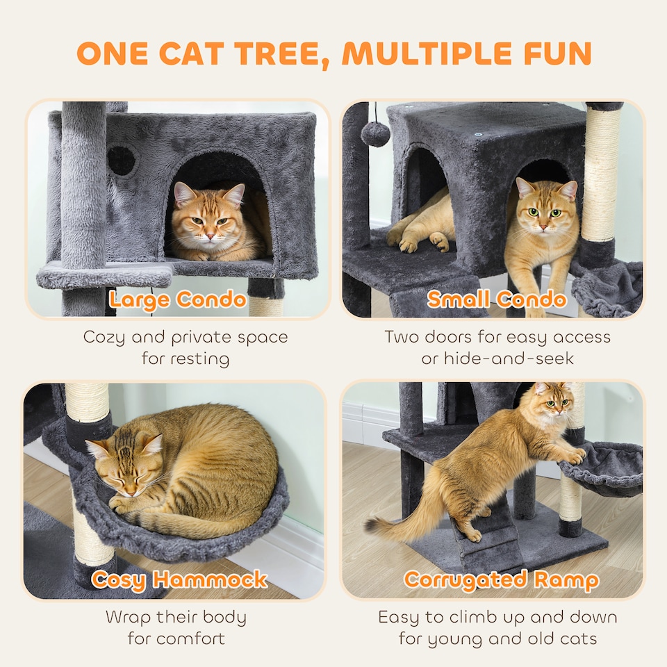 image 1 of 140cm PawHut Cat Tree with Sisal Scratching Posts, Cat Houses, Dark Grey