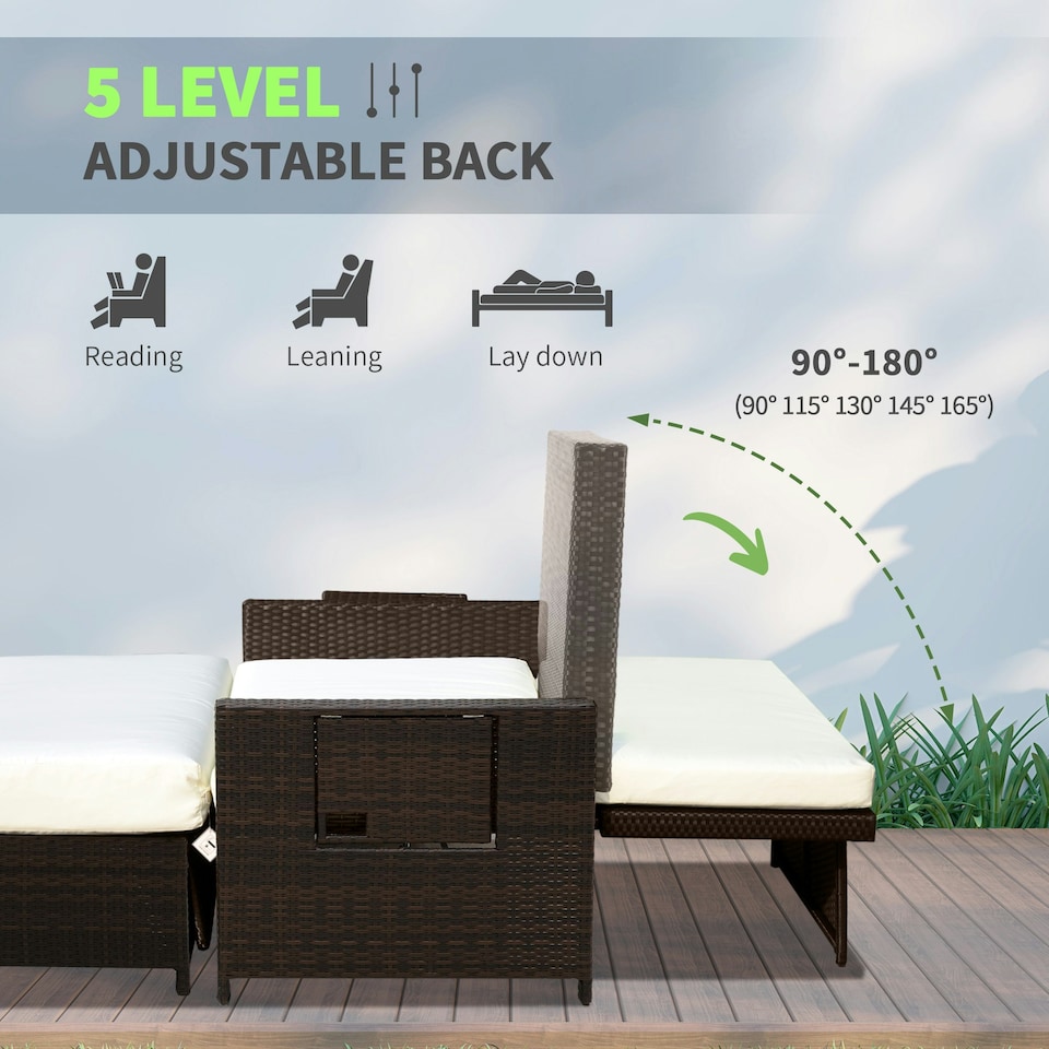 image 1 of Outsunny Garden Rattan Furniture Set 2 Seater Patio Sun Lounger Daybed Sun Bed